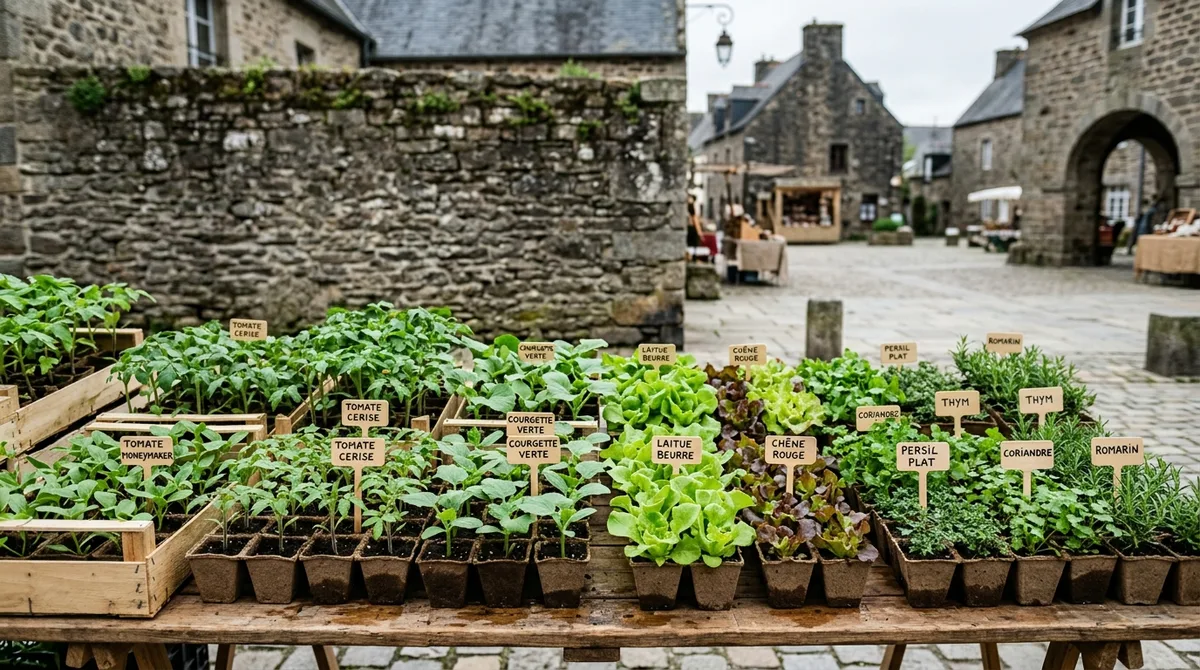 Plants de légumes en godets sur un étal de marché breton, tomates et courgettes en godets, lumière matinale