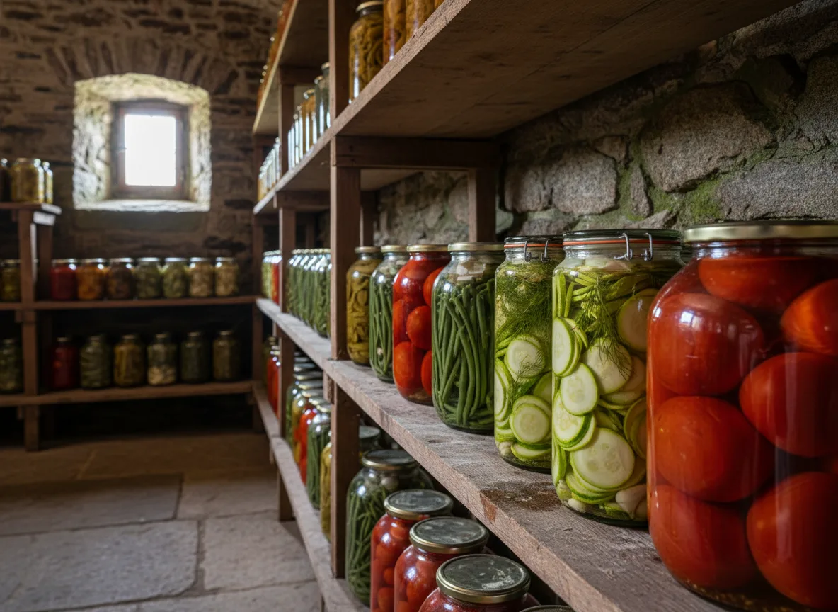 Bocaux de conserves alignés dans le cellier en granit — tomates, haricots et pickles maison, lumière naturelle cave bretonne