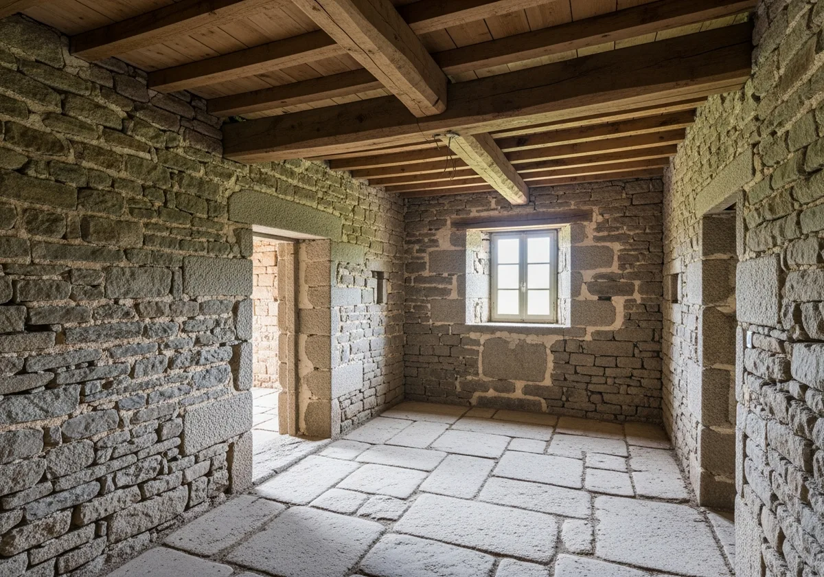 Intérieur d'une longère bretonne avant rénovation : murs en granit épais, charpente ancienne et sol en pierre — état typique d'une maison de campagne à rénover en Bretagne