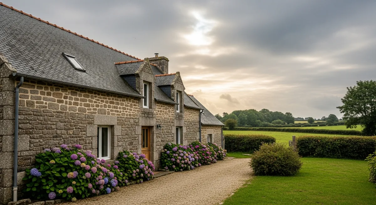 Longère en granit dans un hameau breton entourée de champs, vue en façade
