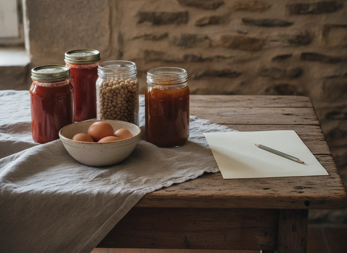 Bocaux de conserves maison et feuille de liste de courses sur une table de cuisine en pierre, bilan d'autonomie alimentaire annuel