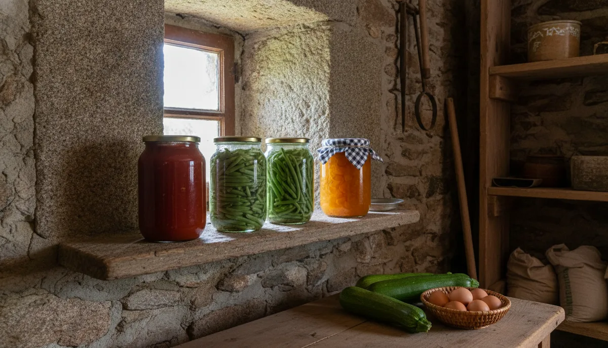 Bocaux de conserves maison alignés sur une étagère de cellier en granit, ferme de Lezavarn, Finistère