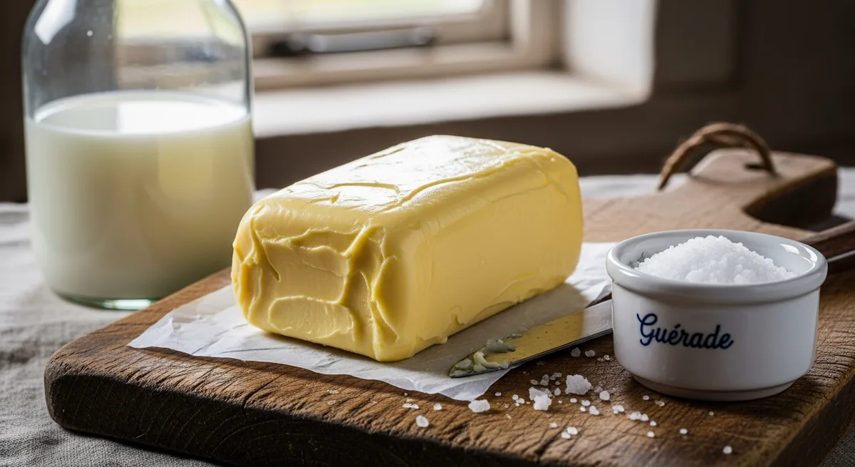 Beurre maison artisanal posé sur une planche en bois avec du gros sel de Guérande, méthode baratte