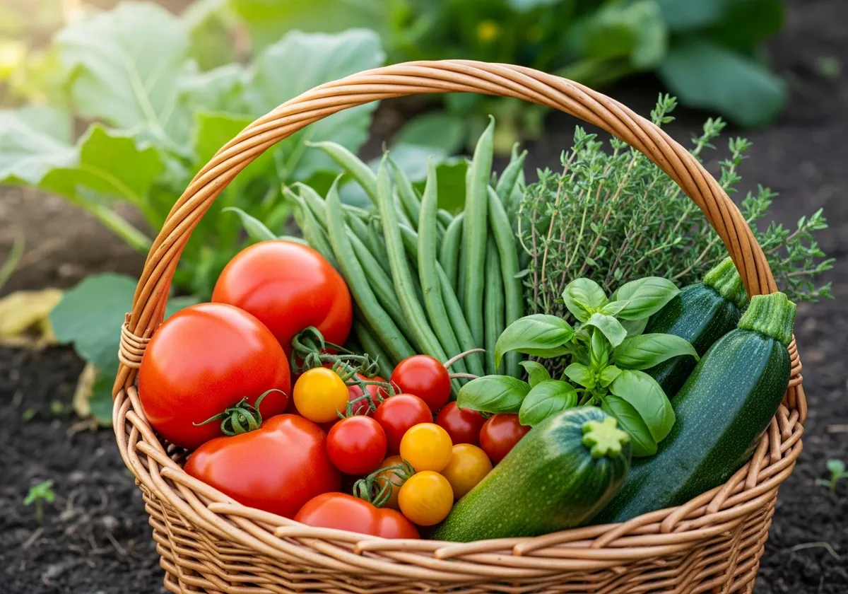 Panier en osier rempli de légumes du potager : tomates cerises, haricots verts, courgettes et herbes fraîches récoltés à Lezavarn