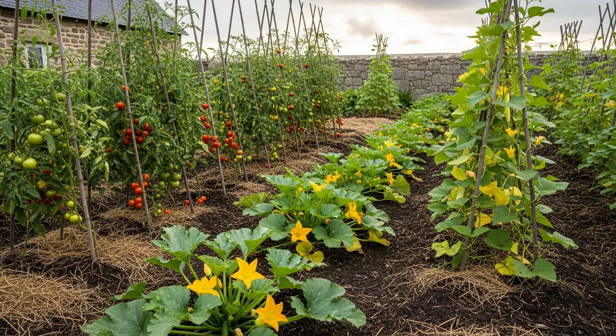 Potager d'été productif à la Ferme de Lezavarn : rangs de tomates et courgettes devant le mur en granit de la longère