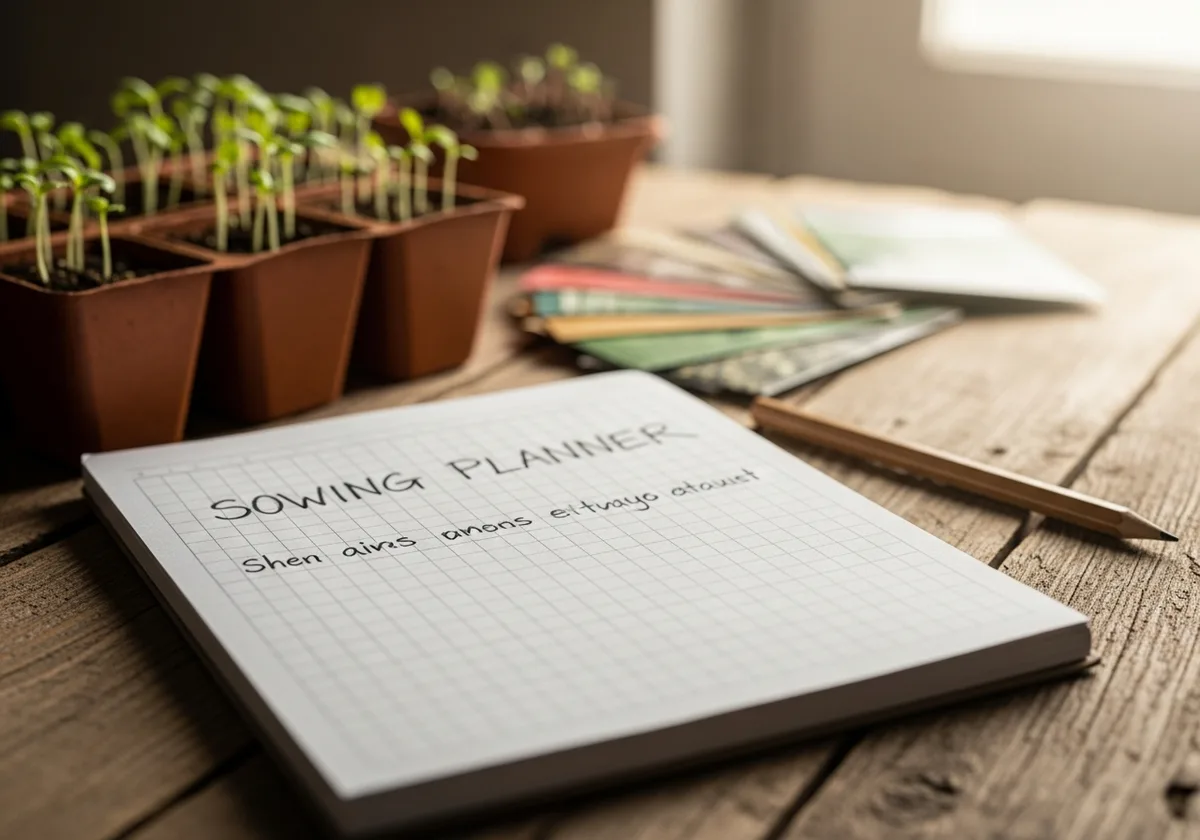 Carnet de semis manuscrit posé sur une table en bois avec godets de semis et sachets de graines en arrière-plan, lumière naturelle de printemps en Finistère
