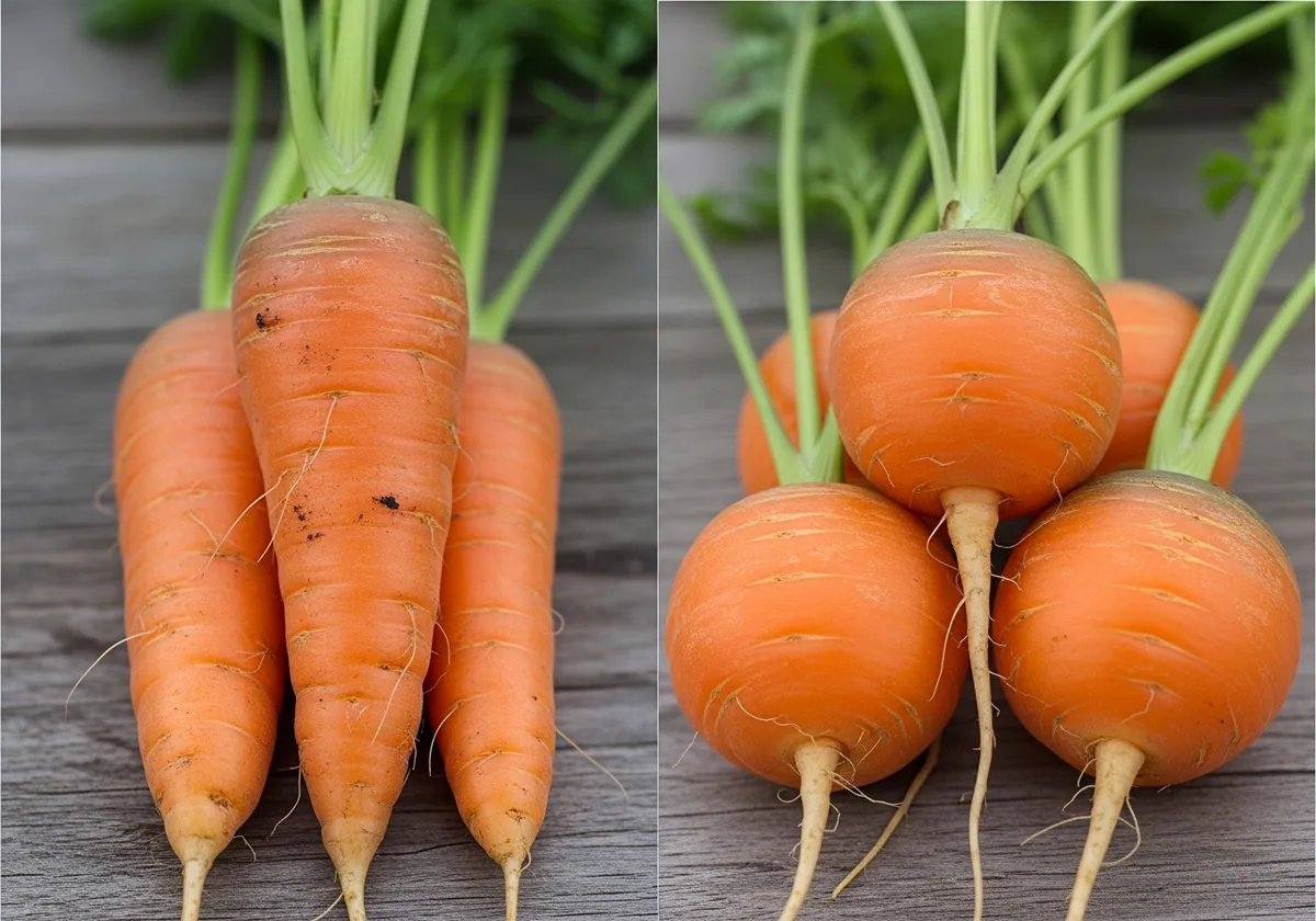 Carottes Chantenay coniques à gauche et carottes rondes Paris Market à droite, deux variétés adaptées au sol argileux