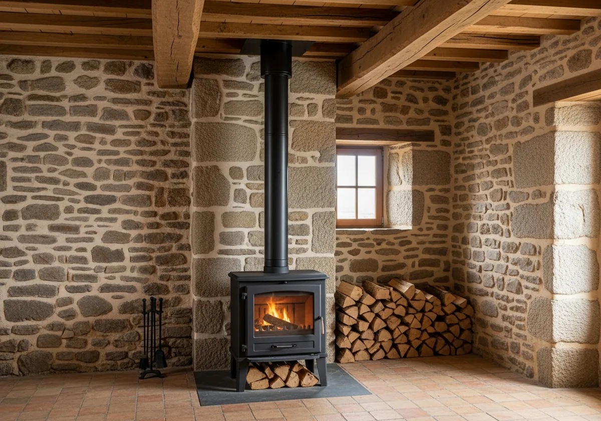Poêle à bois avec conduit double paroi dans le centre d'une longère en granit en Bretagne