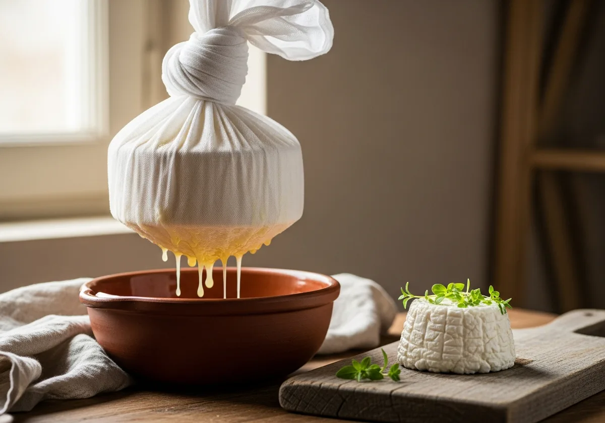 Égouttage du fromage frais de chèvre naine dans une étamine et fromage démoulé sur planche en bois — production maison