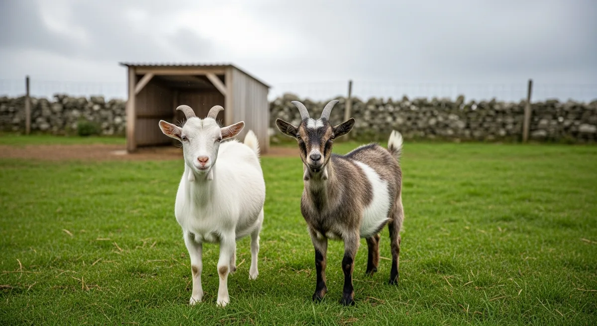 Chèvres naines dans leur enclos à la ferme de Lezavarn, Finistère — élevage lait fromage maison
