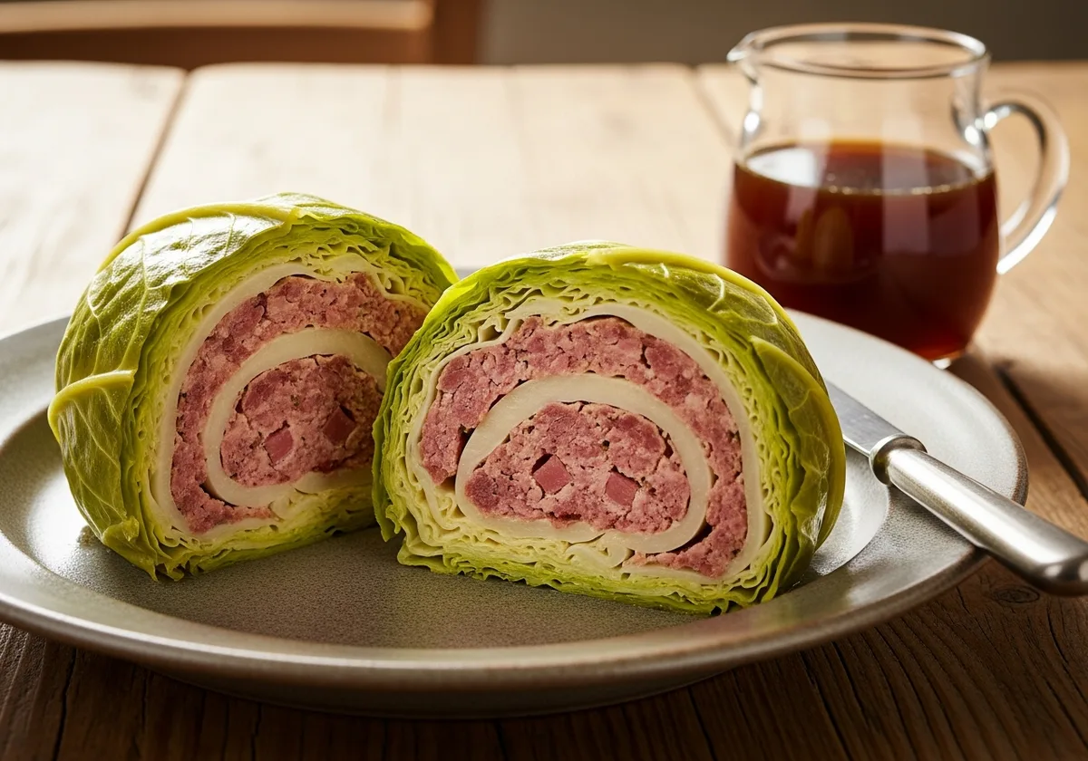 Tranche de chou farci breton sur assiette rustique, révélant la farce porc-lard et les couches de feuilles de chou