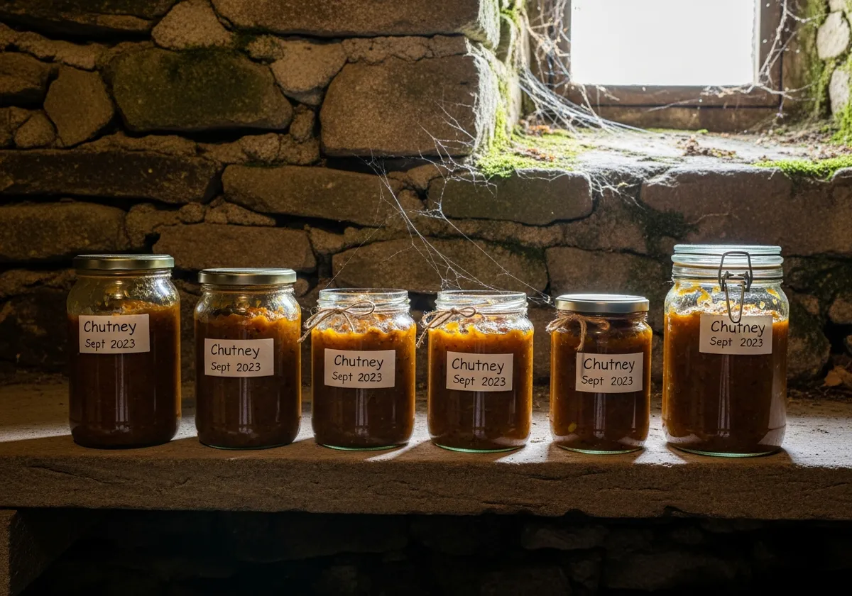 Bocaux de chutney de tomates vertes alignés sur une étagère de cellier, étiquetés à la main