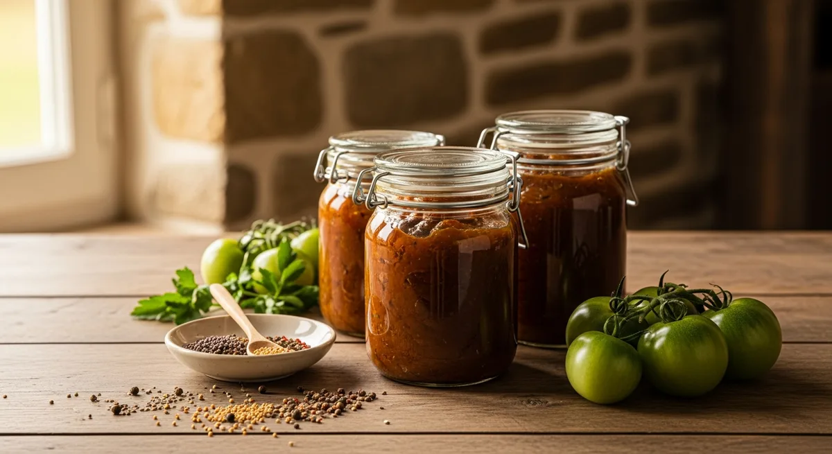 Bocaux de chutney de tomates vertes maison sur une table en bois, tomates vertes et épices autour