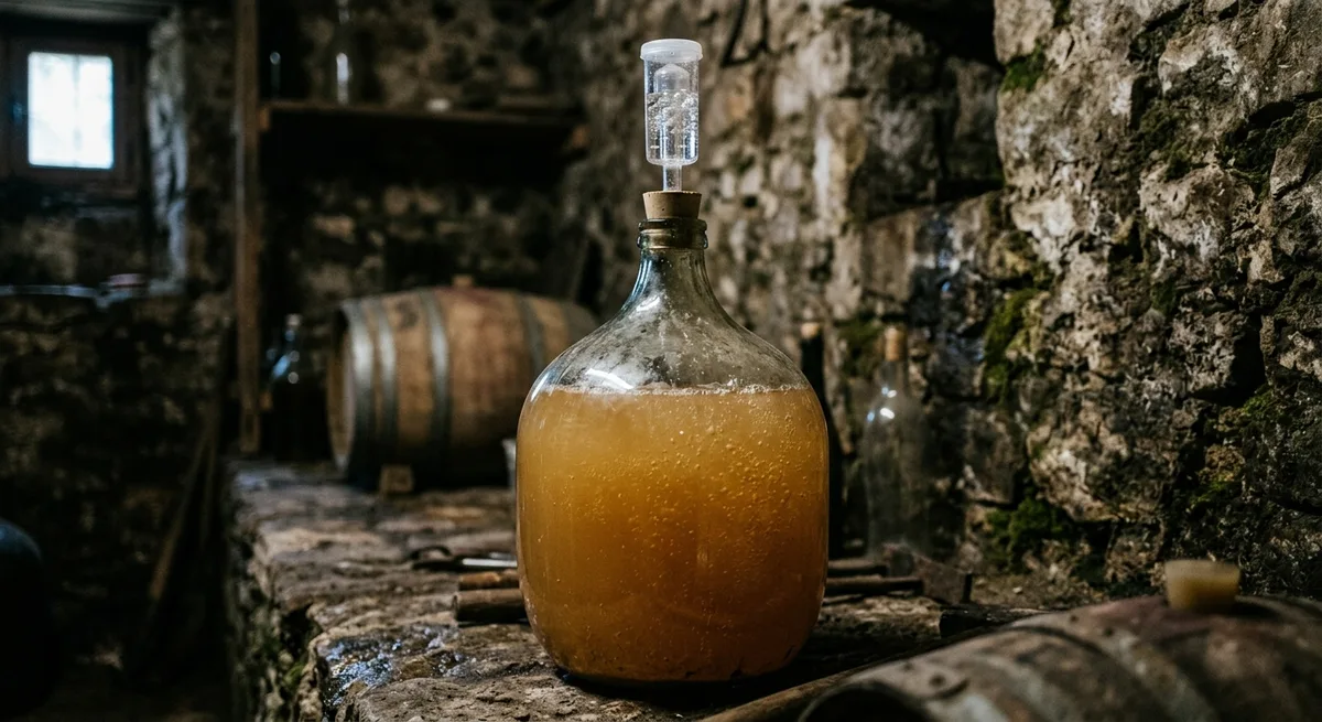 Bonbonne en verre avec barboteur, jus de pommes en fermentation naturelle dans un cellier en pierre