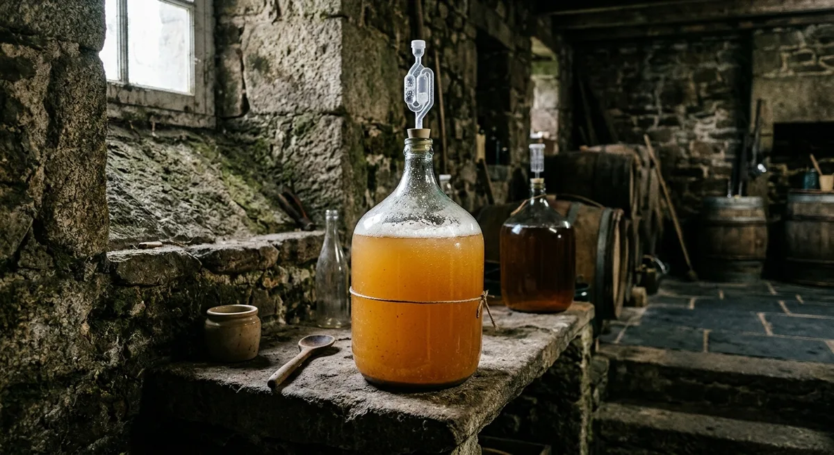 Bonbonne en verre de jus de pommes en cours de fermentation naturelle dans un cellier en pierre