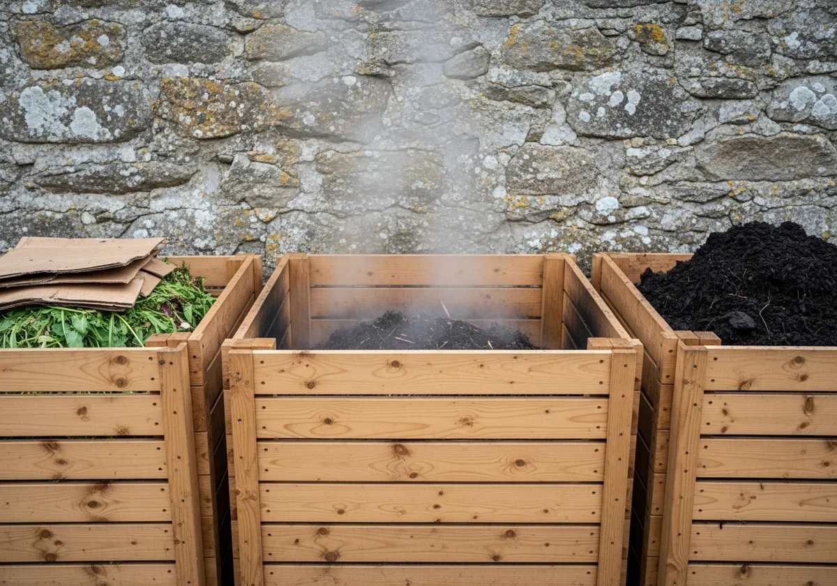 Système de compostage en 3 bacs en douglas contre un mur de granit — bac central en fermentation active