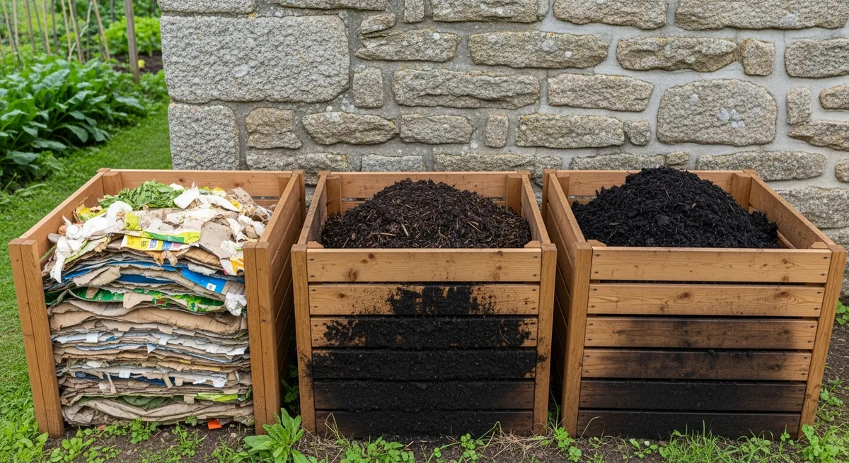 Système de compostage en 3 bacs en bois à la ferme de Lezavarn, Finistère