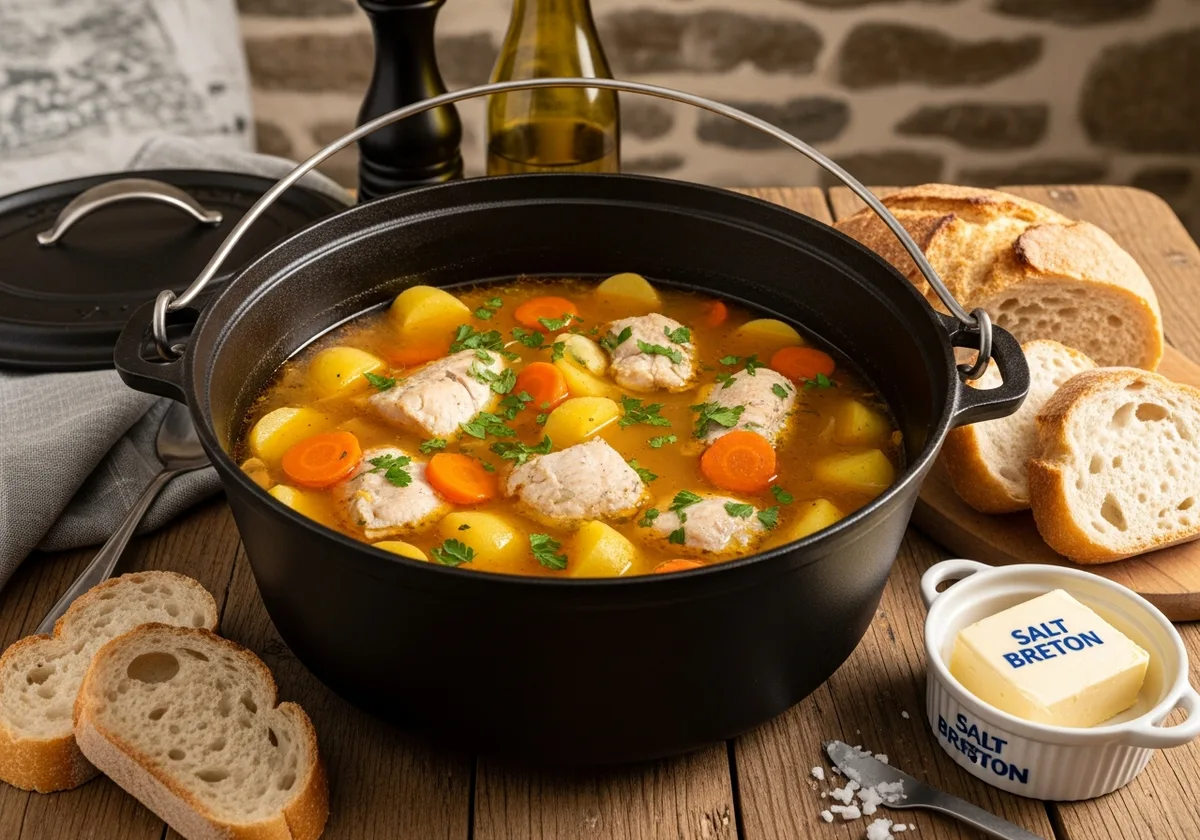 Marmite de cotriade posée sur la table avec pain beurré — service traditionnel de la soupe de poisson bretonne