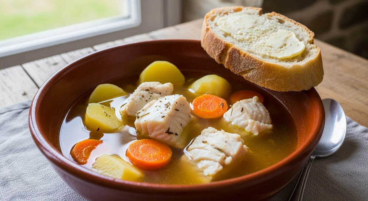 Bol de cotriade bretonne avec poisson et pommes de terre dans un bouillon doré — recette de pêcheur du Finistère
