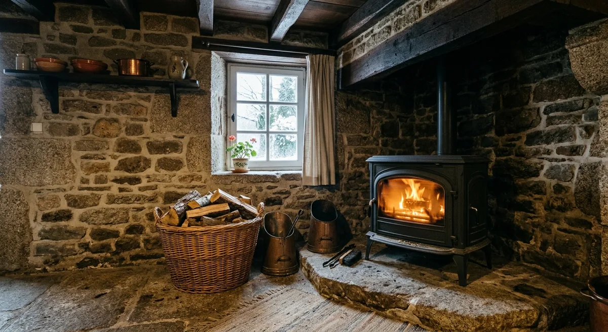 Poêle à bois en fonte dans la longère en granit, panier de bûches sur le sol — chauffage campagne Bretagne