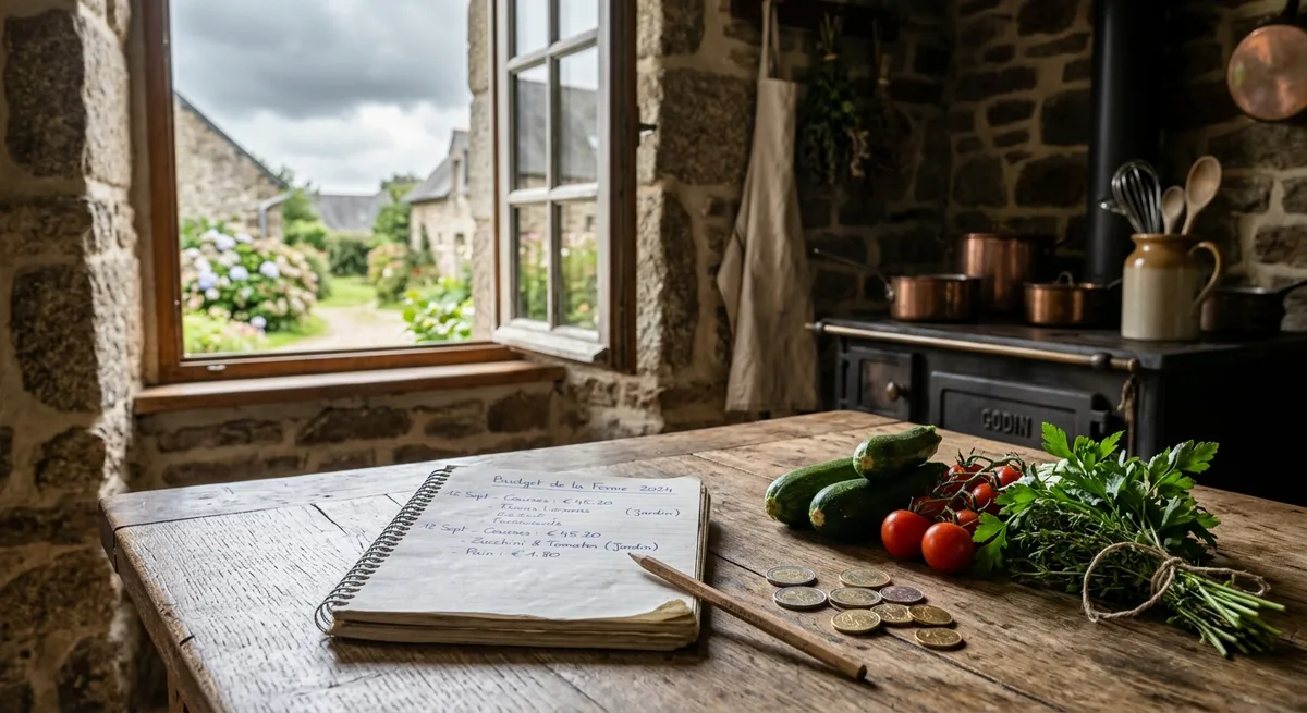 Cahier de comptes ouvert sur une table en bois avec des légumes du potager