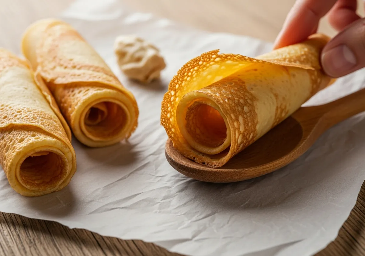 Crêpe dentelle en cours de roulage autour d'un manche de cuillère en bois sur papier sulfurisé, deux crêpes roulées visibles à côté