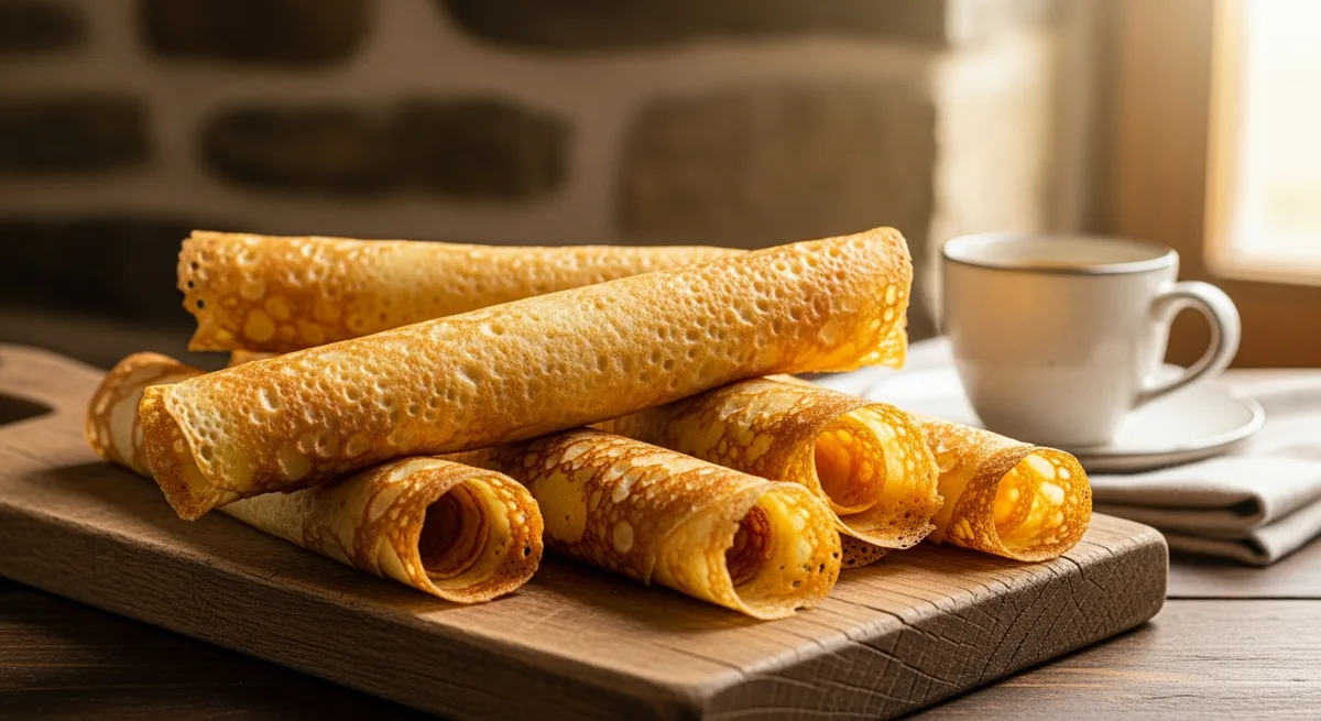 Crêpes dentelle maison roulées sur elles-mêmes, posées sur papier sulfurisé — Ferme de Lezavarn, Finistère