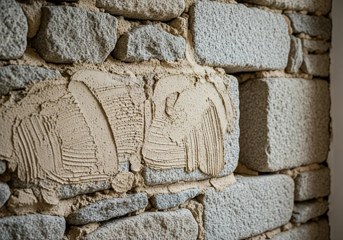 Enduit chanvre-chaux appliqué sur un mur en pierre de granit dans une longère bretonne en éco-construction