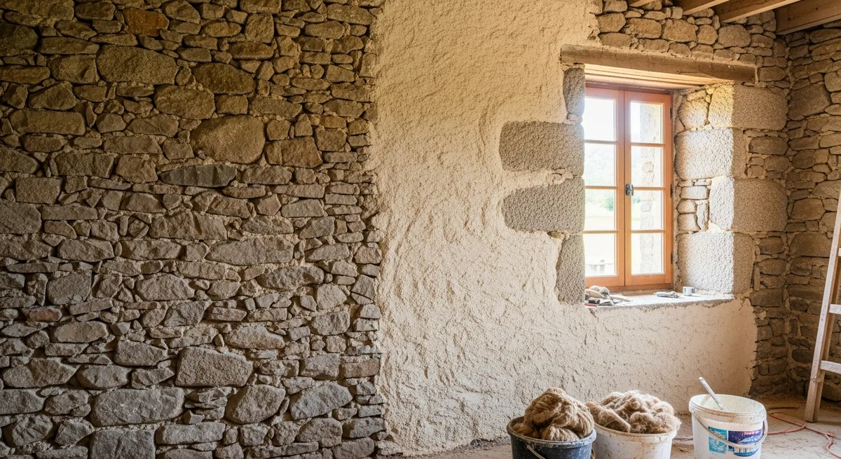 Mur en paille et enduit chaux dans une maison bretonne en éco-construction