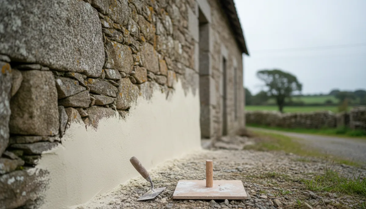Application d'enduit à la chaux sur un mur en granit breton — Ferme de Lezavarn, Finistère