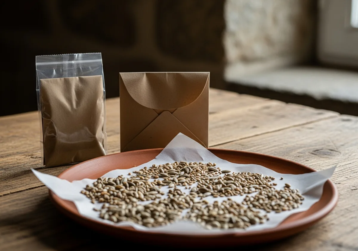Deux sachets de semences côte à côte — l'un commercial, l'autre artisanal en papier kraft — avec des graines potagères séchant sur une assiette en terre cuite devant eux