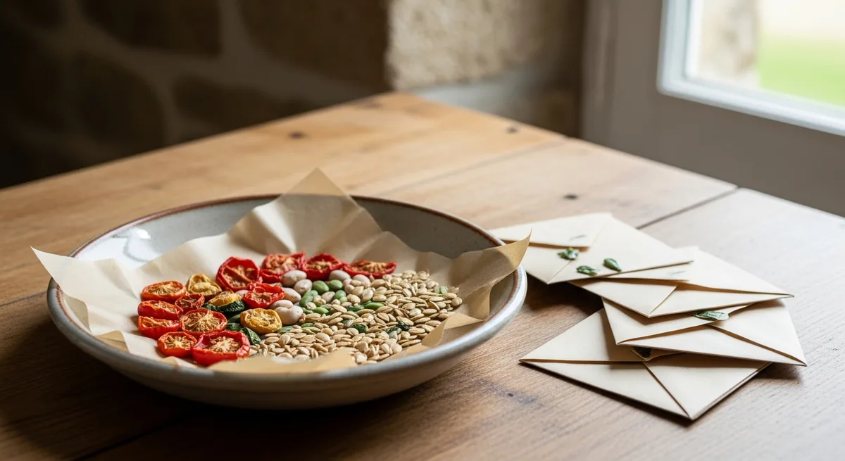 Graines de tomates séchant sur une assiette en terre cuite, étiquette manuscrite à côté, lumière naturelle
