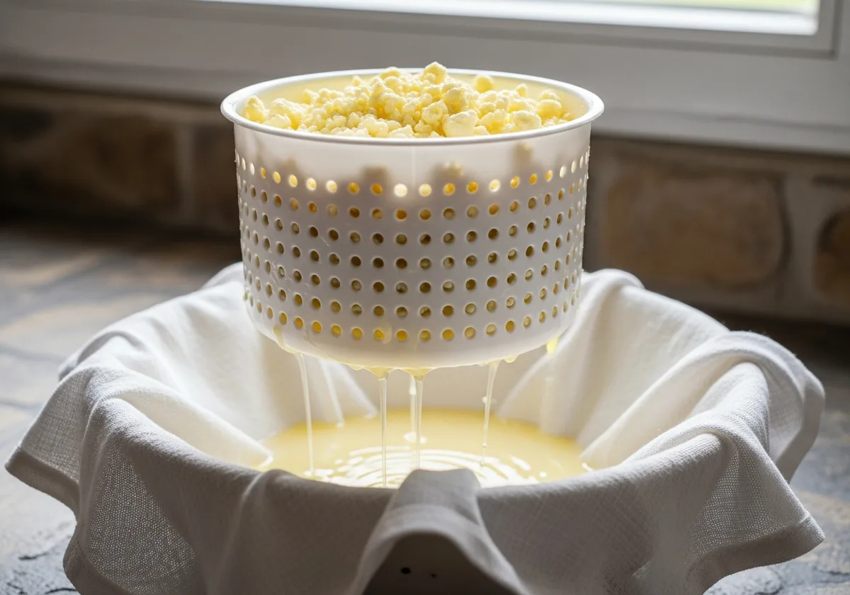 Faisselle de fromage blanc maison en égouttage sur torchon, petit-lait s'écoulant dans un bol