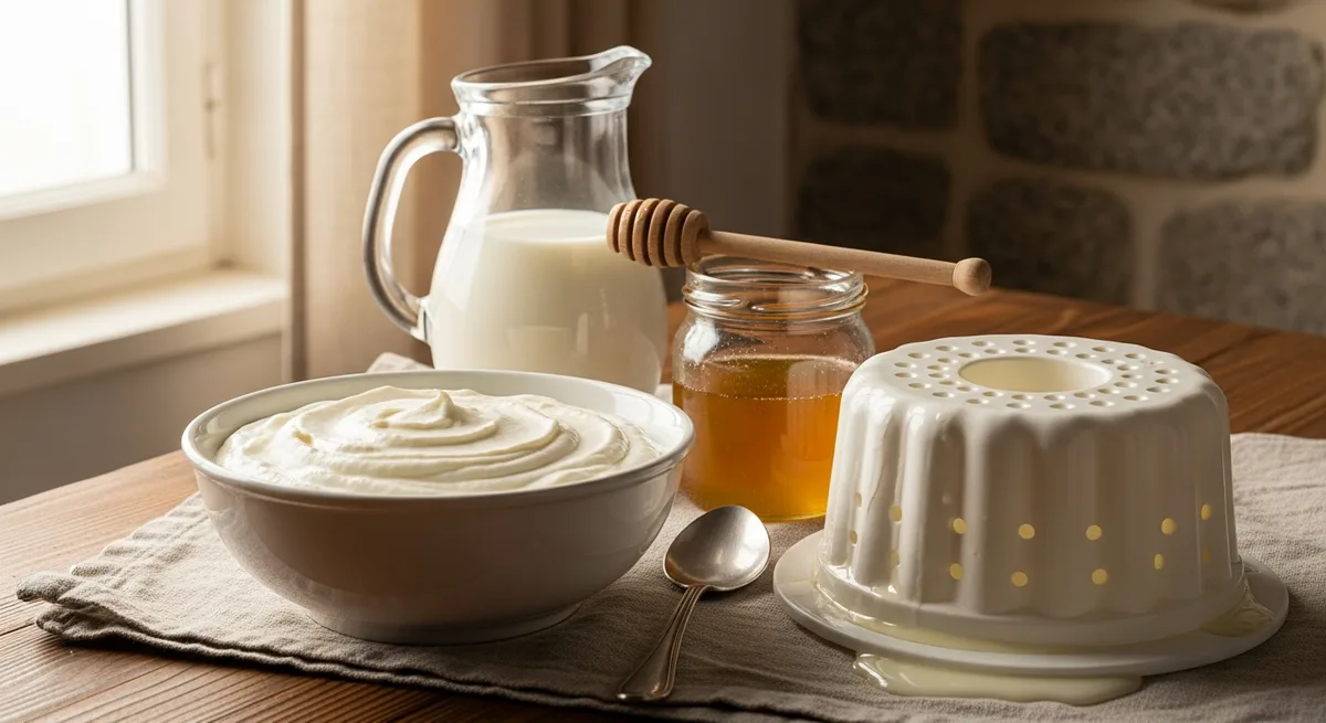 Fromage blanc maison en faisselle, égoutté sur un torchon propre, avec du lait entier dans un pichet à côté