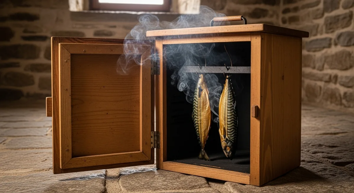 Fumoir artisanal en bois avec filets de poisson suspendus, dans un cellier en pierre breton