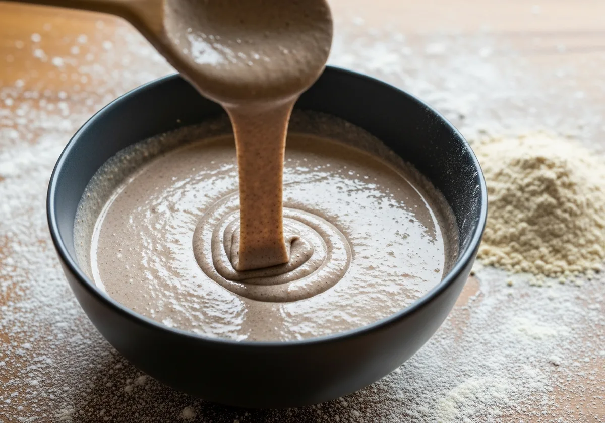 Bol de pâte à galette sarrasin avec cuillère montrant la consistance fluide et lisse du ruban de pâte