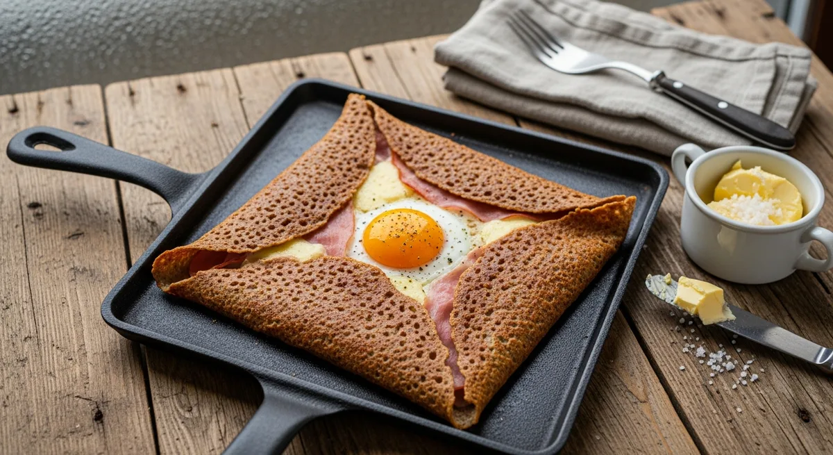 Galette de sarrasin bretonne traditionnelle pliée en carré sur billig en fonte, œuf et fromage fondus visibles