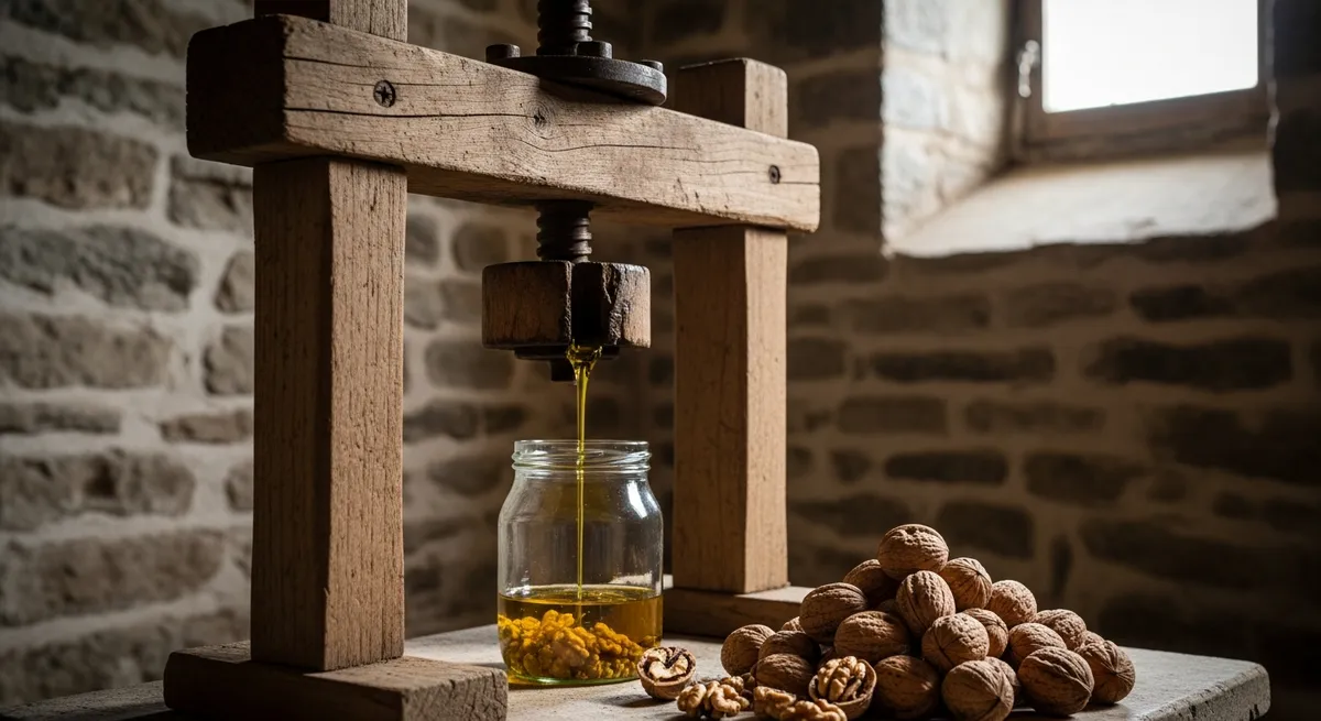 Pressoir artisanal en cellier de ferme bretonne avec huile de noix dorée s'écoulant dans un bocal en verre