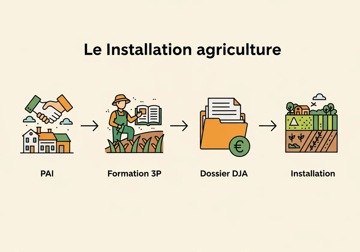Schéma des 4 étapes du parcours installation agricole en Bretagne : PAI, formation 3P, dossier DJA, installation effective