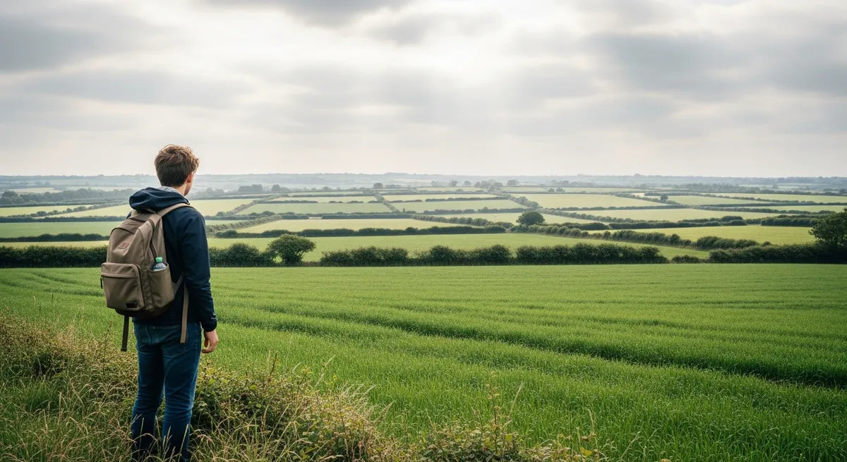 Vue de dos d'une personne contemplant des parcelles agricoles bretonne entourées de haies et de murs en granit
