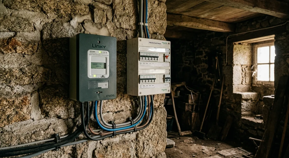 Compteur électrique Linky installé sur un mur en granit dans le cellier d'une longère bretonne