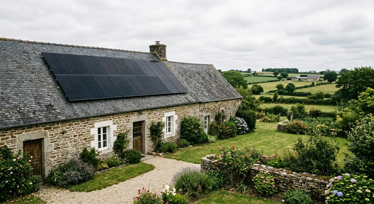 Panneaux solaires photovoltaïques installés sur le toit en ardoise d'une longère bretonne en granit, Finistère