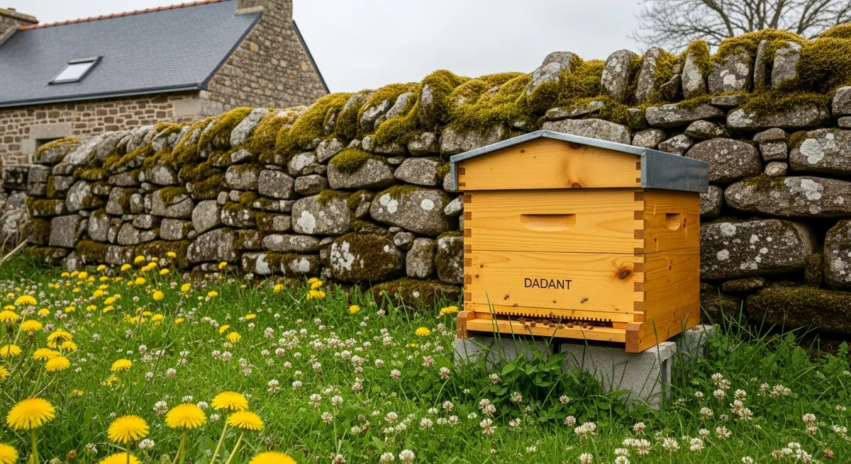 Ruche Dadant en bois dans une ferme bretonne, contre un mur de granit avec végétation en fleurs