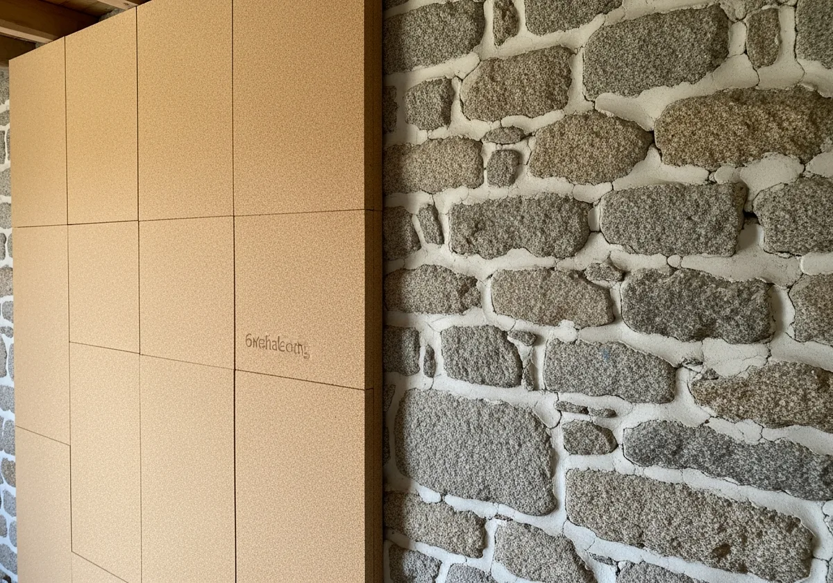 Mur en granit breton avec panneaux de liège expansé en cours de pose — isolation intérieure mur pierre ancienne