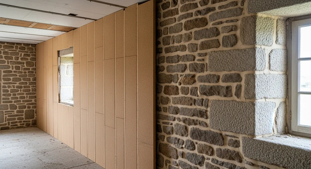Panneau de liège expansé posé contre un mur en granit dans une longère bretonne