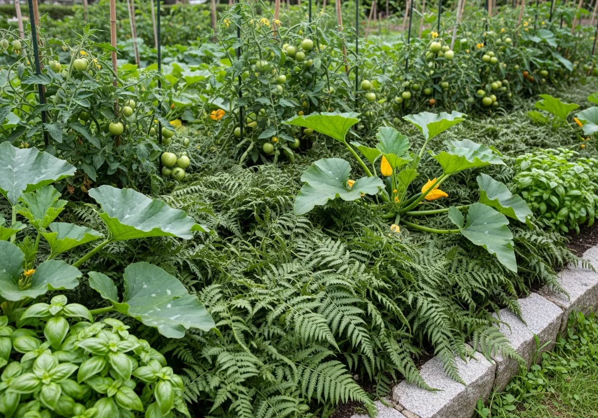 Paillage de fougères épais entre les rangs de tomates et courgettes dans le potager sans chimie de Lezavarn
