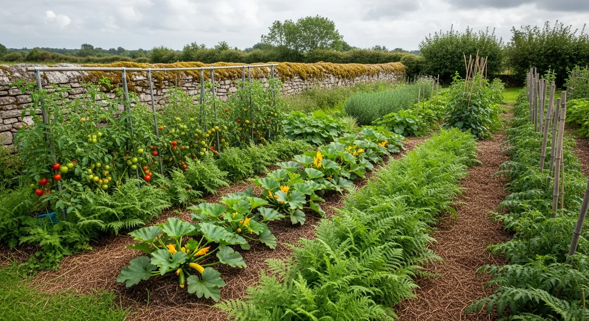 Potager en Finistère avec paillage de fougères et plantations diversifiées sans produits chimiques