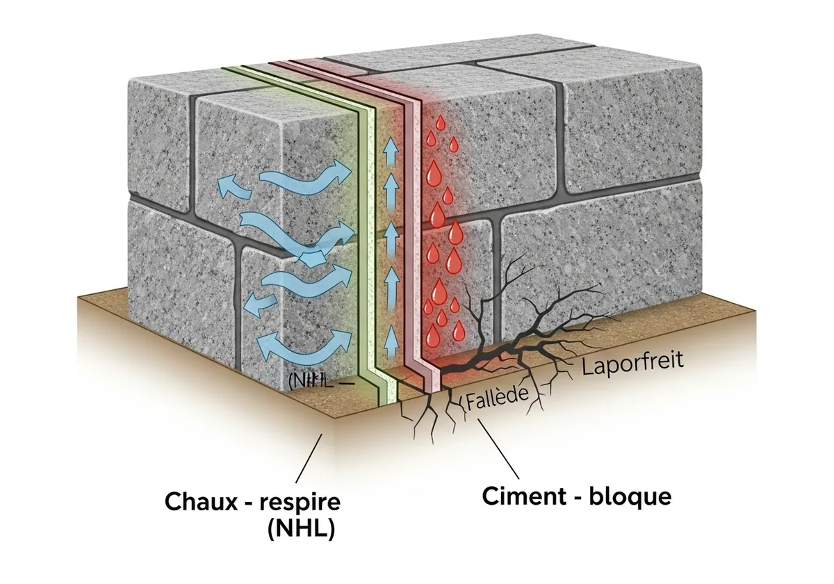 Coupe schématique comparant un joint à la chaux (vapeur circulant librement) et un joint au ciment (humidité piégée, pierre qui s'éclate) sur un mur en granit