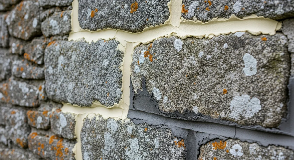 Joints à la chaux fraîchement posés sur un mur en granit breton, contrastant avec d'anciens joints au ciment dégradés — Ferme de Lezavarn, Finistère