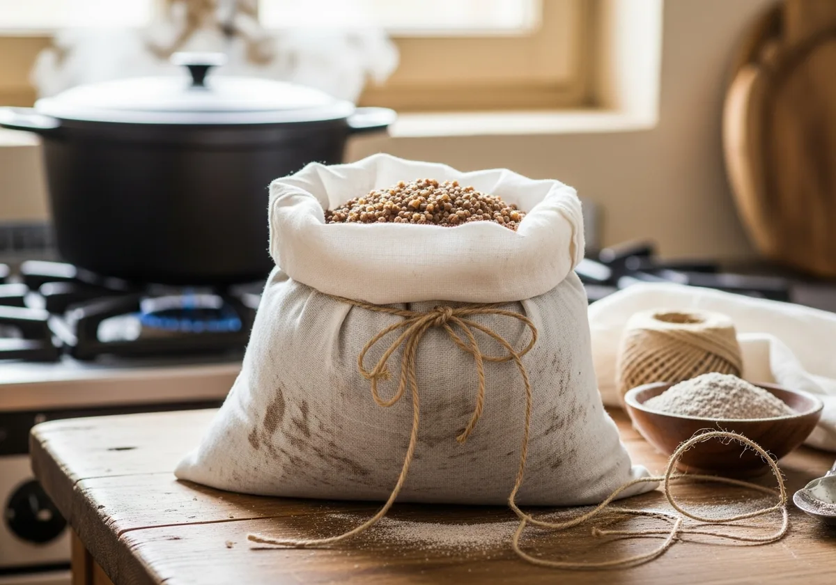 Sac de toile en lin rempli de farz de sarrasin, noué avec de la ficelle de cuisine, prêt à être plongé dans le bouillon du kig ha farz